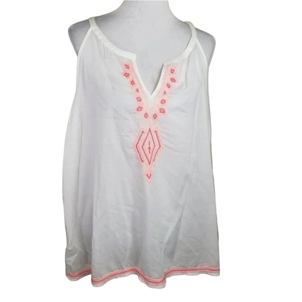 Old Navy Tank Top XXL White Pink Embroidered Split V-Neck Boho Cotton Sleeveless